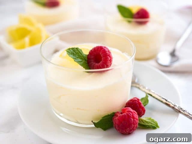Light and Fluffy Lemon Mousse 5 A glass of lemon mousse, garnished with mint, raspberries and lemon slices on a white plate with a spoon. There is a white bowl with lemon slices and more glasses of mousse in the background.