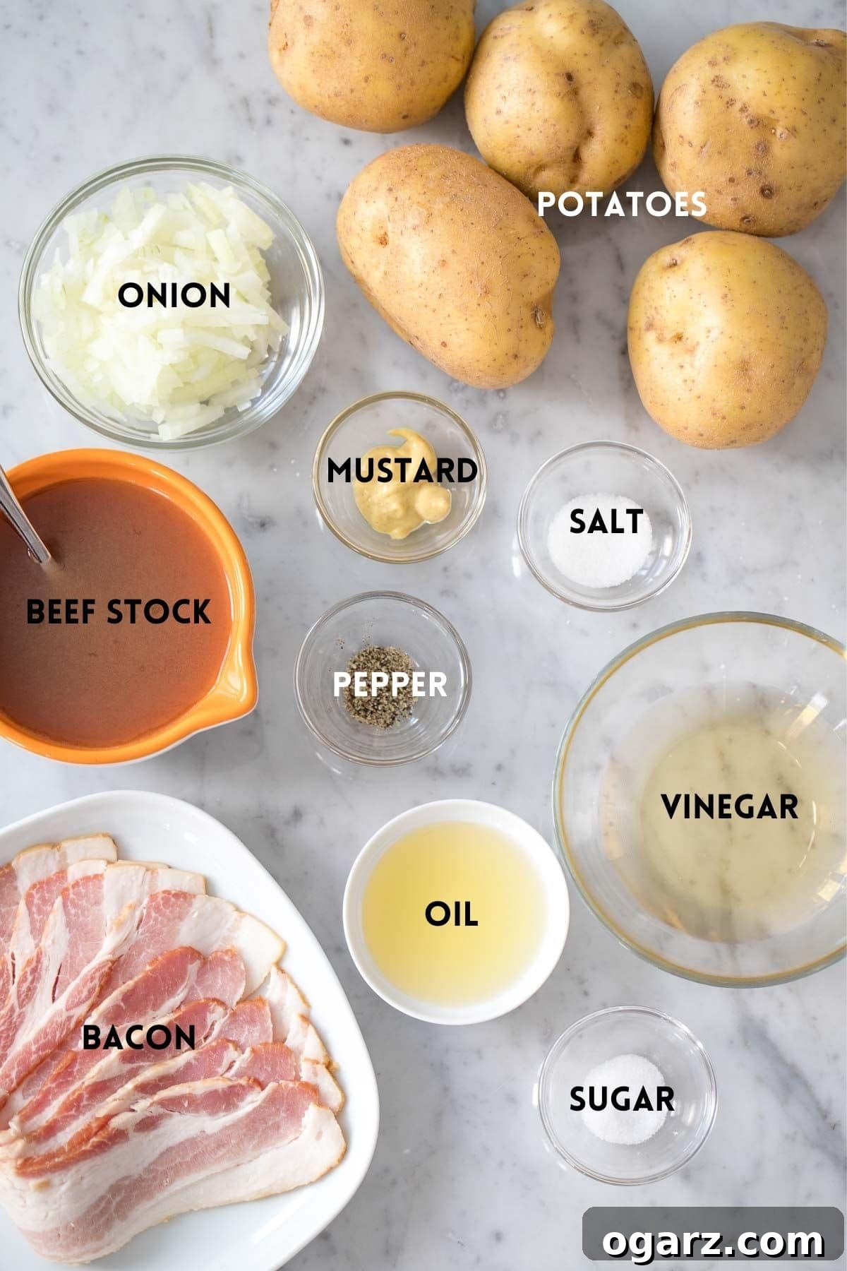 Ingredients for German Potato Salad laid out on a table