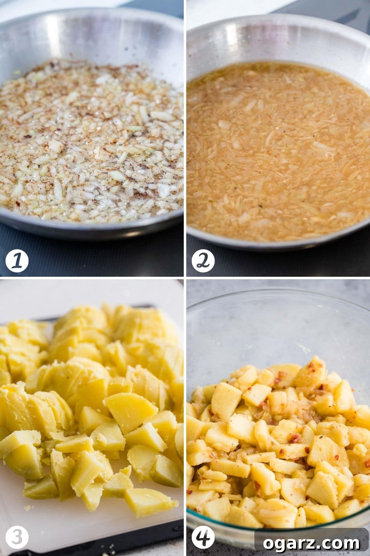 Four images showing the steps for making German Potato Salad