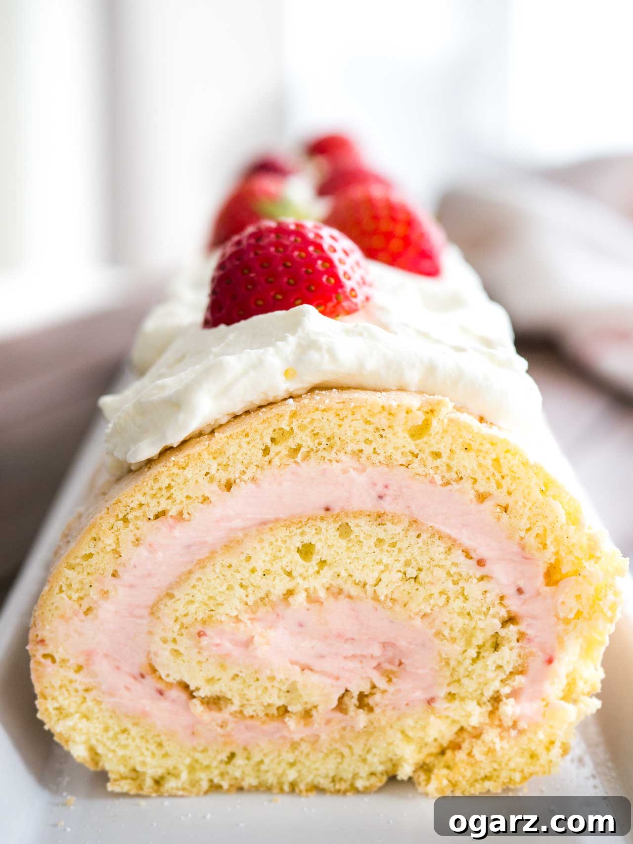 Strawberry Dream Roll 5 A stunning Strawberry Roll Cake, or Biskuitrolle, elegantly presented on a classic cake platter, ready for serving. The delicate swirl of cake and filling is visible.