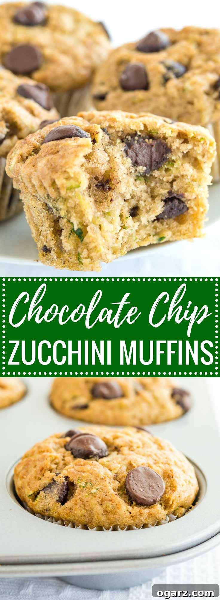 Chocolate Zucchini Delight Muffins 8 A two-panel image promoting zucchini chocolate chip muffins. The top panel shows a close-up of a muffin with a bite taken out, highlighting the moist interior and chocolate. The bottom panel displays a grey muffin pan filled with perfectly baked muffins.