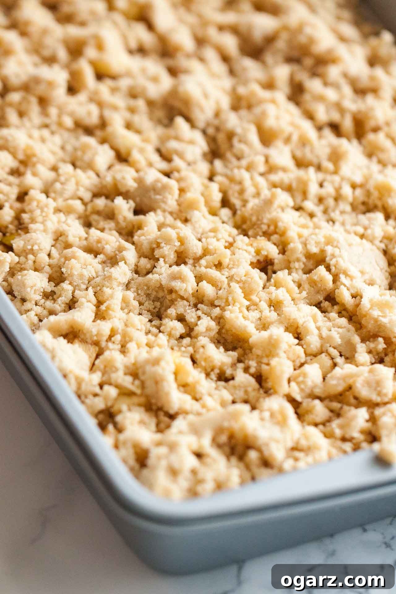 Salted Caramel Apple Cheesecake Bars 6 A baking sheet with streusel topping.