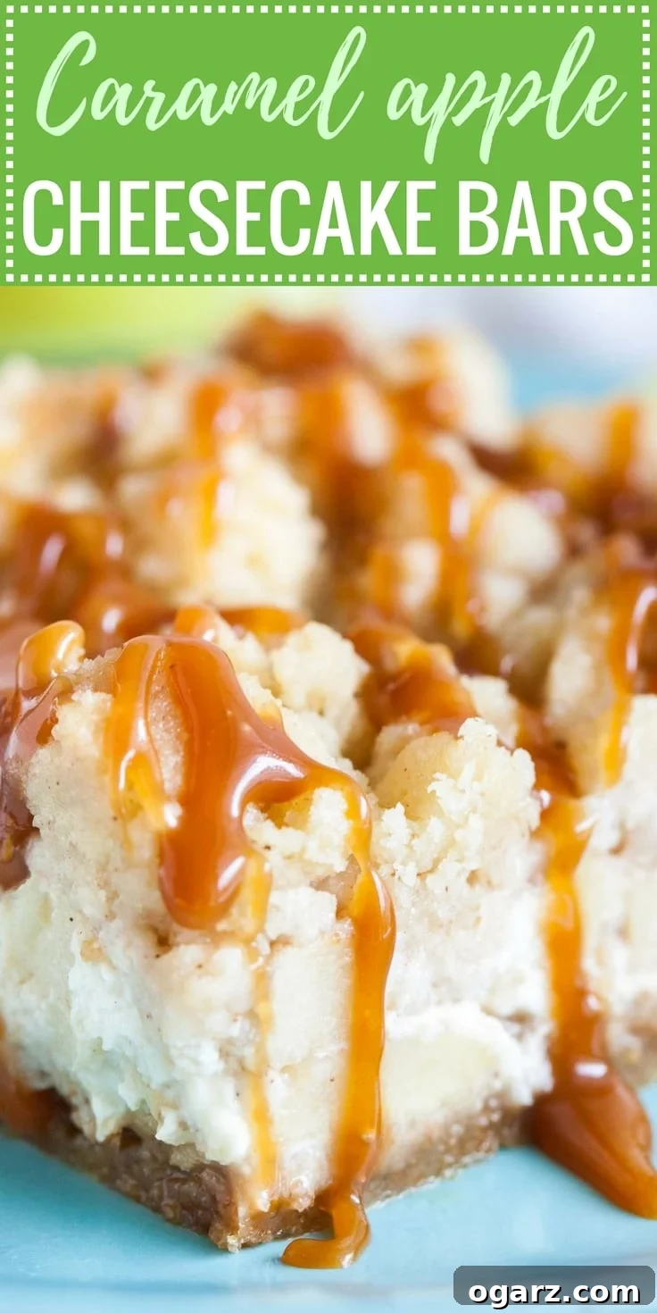 Salted Caramel Apple Cheesecake Bars 8 Image with text: caramel apple cheesecake bars, image: Cloe-up of a caramel apple cheesecake bar.