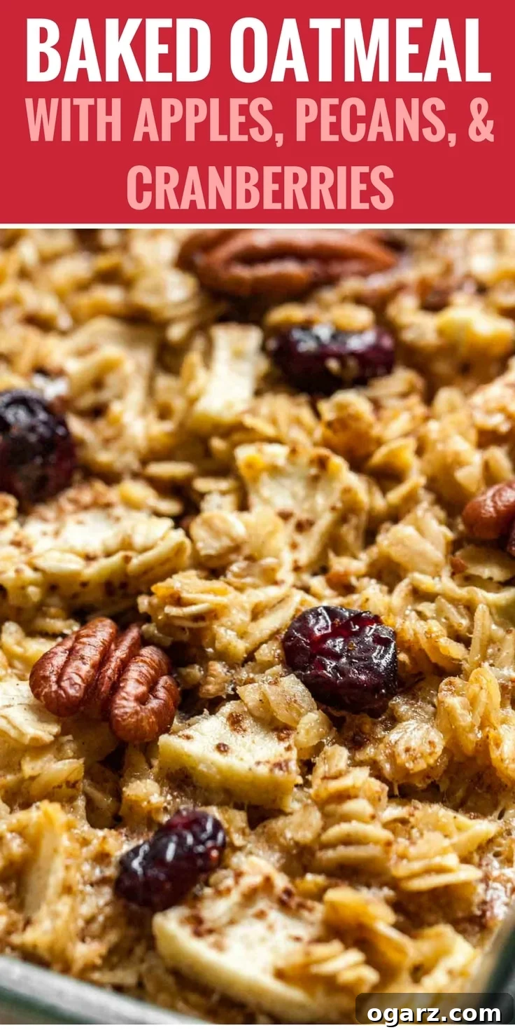 Wholesome Baked Oatmeal 7 Image with text: Baked oatmeal with apples, pecans and cranberries, image: Close-up baked oatmeal with apples, pecans and cranberries.
