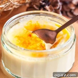 Foolproof Creme Brulee Recipe 9 A glass of creme brulee with a bronze spoon cracking its top. There are pine cones in the background.