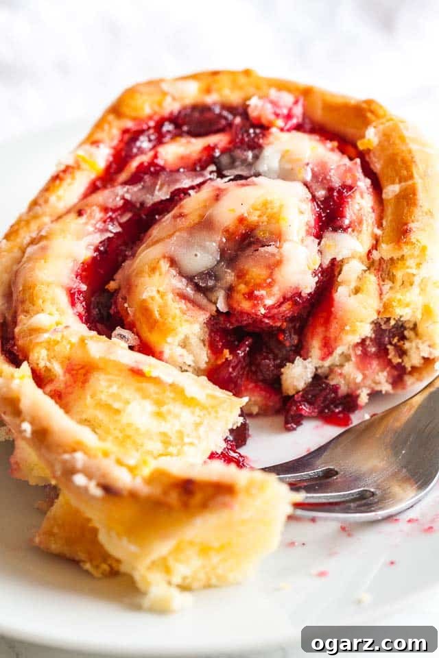 Zesty Cranberry Orange Buns 6 Close-up of a cranberry orange roll with a fork. The fork has taken out a piece of the roll.