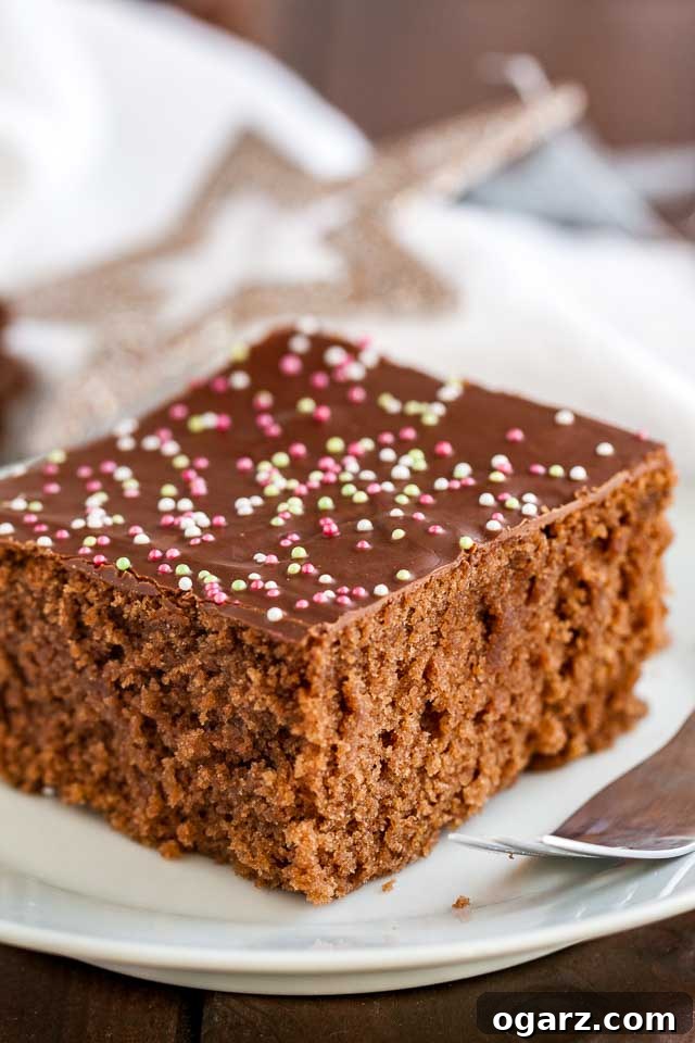 Quick & Cozy Spice Cake 2 Close-up of a white plate with a square of chocolate topped spice cake with a fork, highlighting its moist crumb and glossy chocolate glaze.