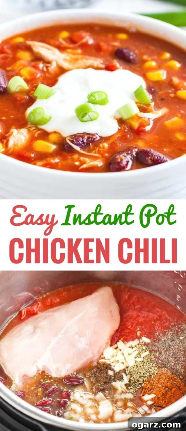 Speedy Instant Pot Chicken Chili 7 Picture collage, top: Close up of a white bowl with chicken chili, topped with sour cream and chives. bottom: separate ingredients in an instant pot. Text: Easy Instant Pot Chicken Chili