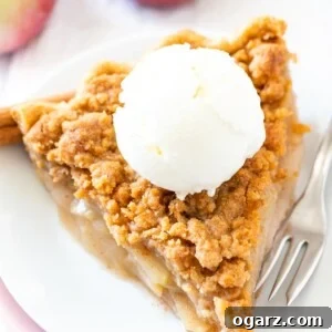 Ultimate Apple Crumble Pie 3 A piece of apple pie with streusel topping on a white plate stacked on a pink plate with a fork, topped with vanilla ice cream, garnished with cinnamon sticks and apple.