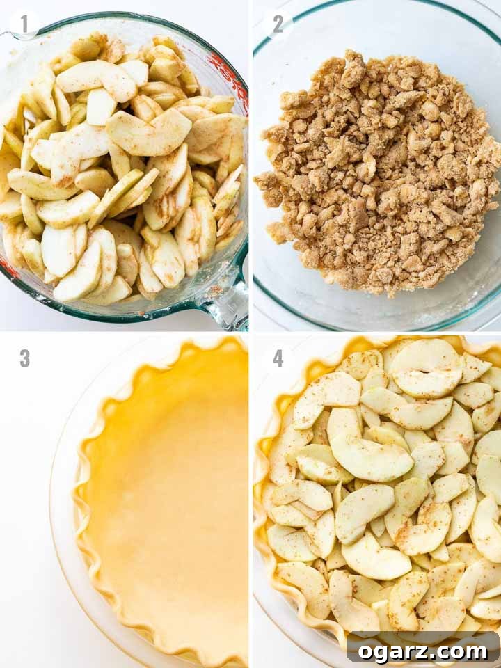 Apple Crumble Pie is made with a tender crust that is filled with juicy, spiced apples and topped with a delicious, buttery streusel topping. This homemade dutch apple pie is easier to make than a classic double-crusted pie and makes the perfect fall dessert! You can even make it a day ahead and re-crisp it just before serving, perfect for Thanksgiving and other special occasions. #applepie #applecrumblepie #dutchapplepie #homemadeapplepie #pierecipes #fallbaking #applecrumbpie #crumbtopping Detailed steps for making apple crumble pie, showcasing the preparation of apples and crust before baking, ensuring a perfectly assembled pie.