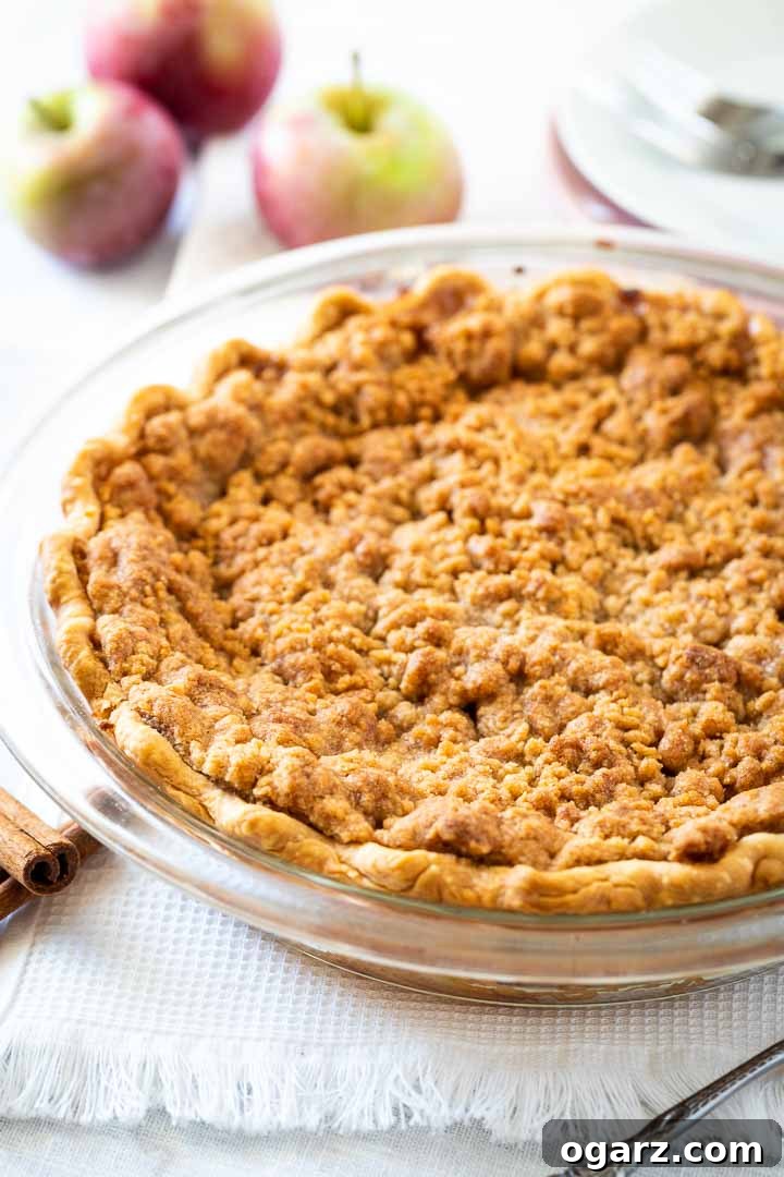 Apple Crumble Pie is made with a tender crust that is filled with juicy, spiced apples and topped with a delicious, buttery streusel topping. This homemade dutch apple pie is easier to make than a classic double-crusted pie and makes the perfect fall dessert! You can even make it a day ahead and re-crisp it just before serving, perfect for Thanksgiving and other special occasions. #applepie #applecrumblepie #dutchapplepie #homemadeapplepie #pierecipes #fallbaking #applecrumbpie #crumbtopping A stunning glass baking dish showcasing a freshly baked apple pie with its signature streusel topping, artfully garnished with fresh apple slices and aromatic cinnamon sticks.