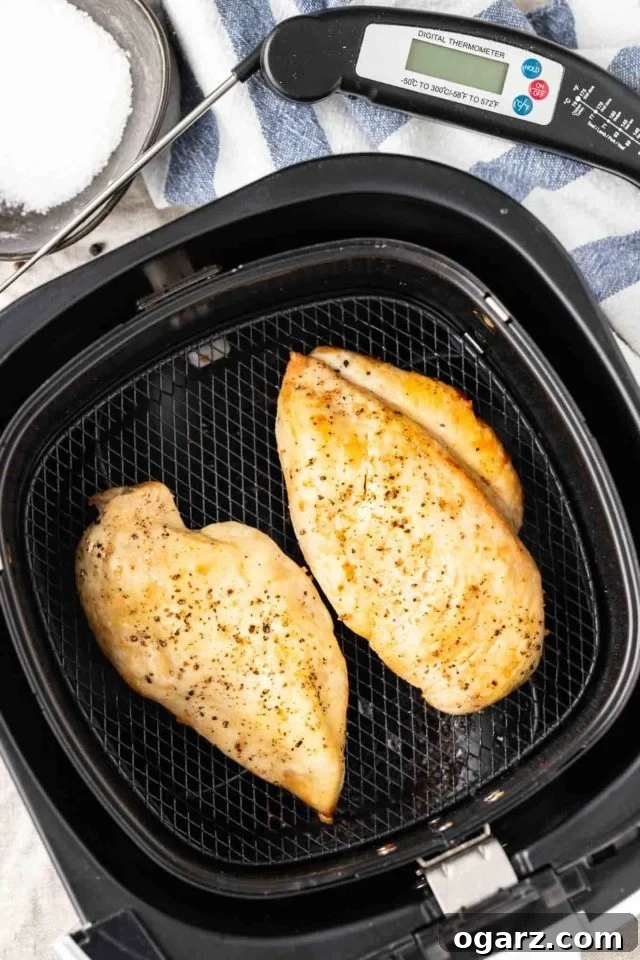 Juicy Air Fryer Chicken Breast rubbed with a simple seasoning and air fried to perfection. This easy and quick chicken breast recipe is perfect for meal prep, salads, and sandwiches! #AirFryerRecipes #BakedChickenBreast Two golden-brown, crispy air-fried chicken breasts resting in an air fryer basket on a blue and white dish towel, with salt and a thermometer nearby.