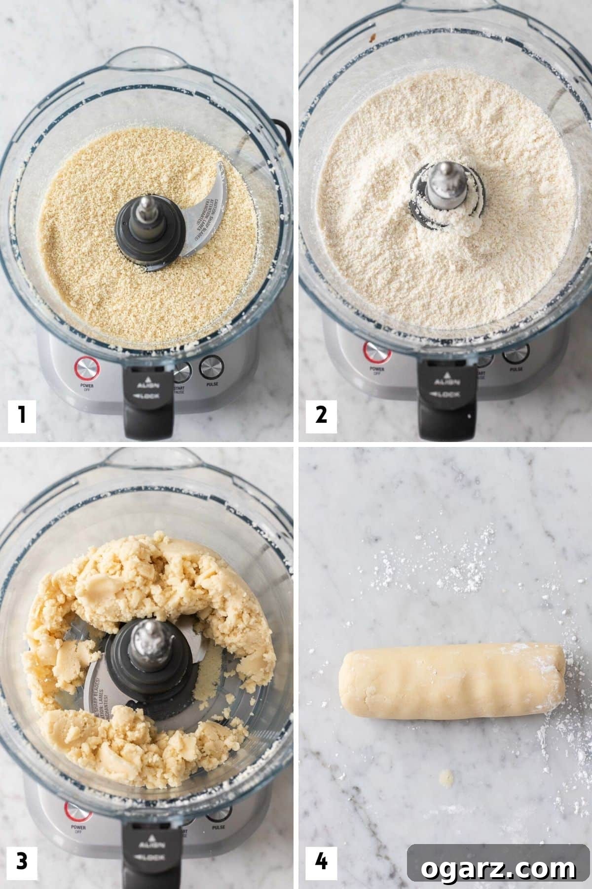 Crafting Delicious Marzipan 3 A visual collage showing the step-by-step process of making marzipan: from finely grinding almonds in a food processor, to mixing with powdered sugar and extracts, then gradually adding water until a crumbly dough forms, and finally shaping it into a smooth log.