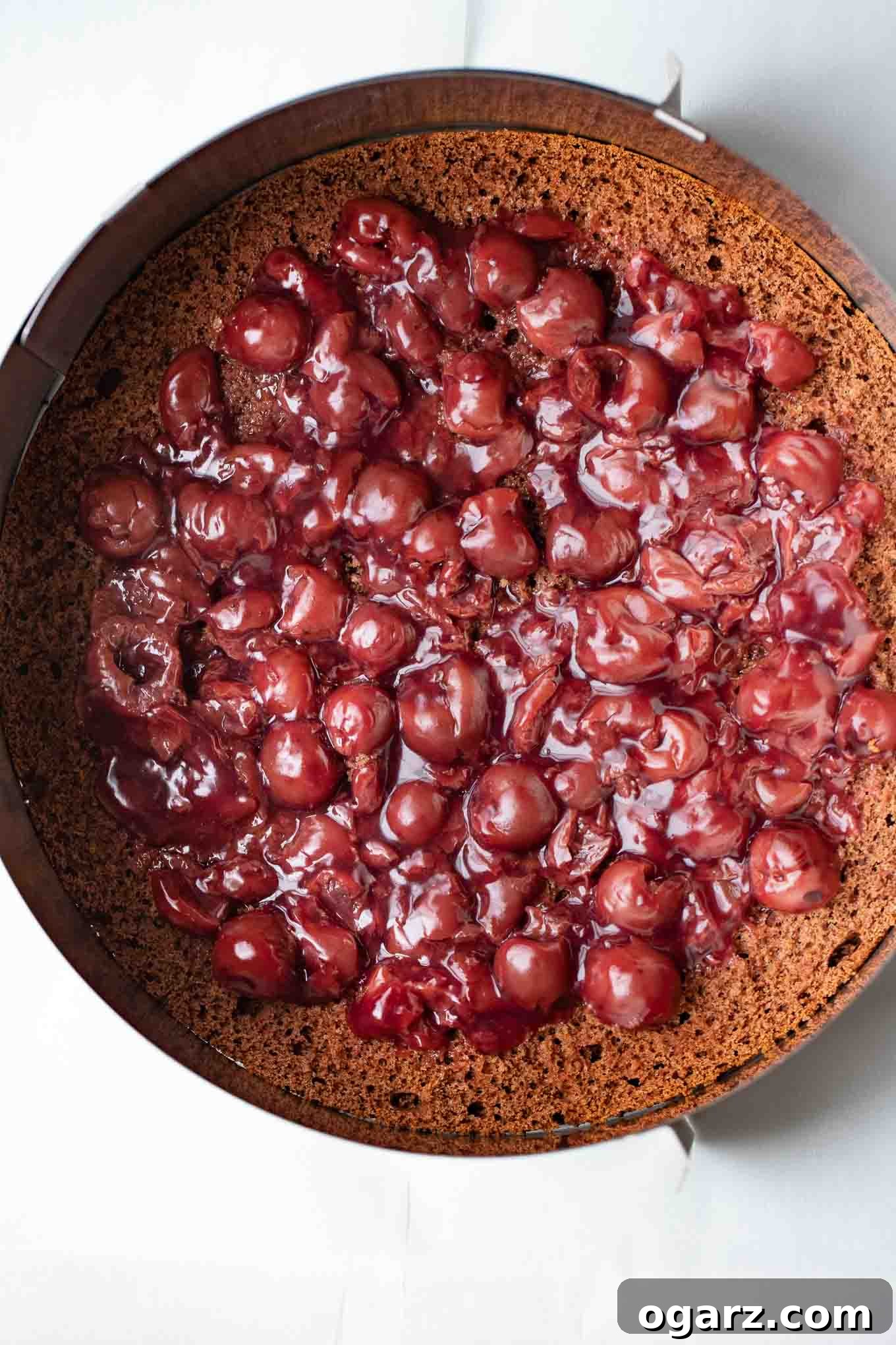 Dark Forest Cherry Delight 9 A generous layer of vibrant cherry filling carefully spread over a dark chocolate cake layer, leaving a neat border.