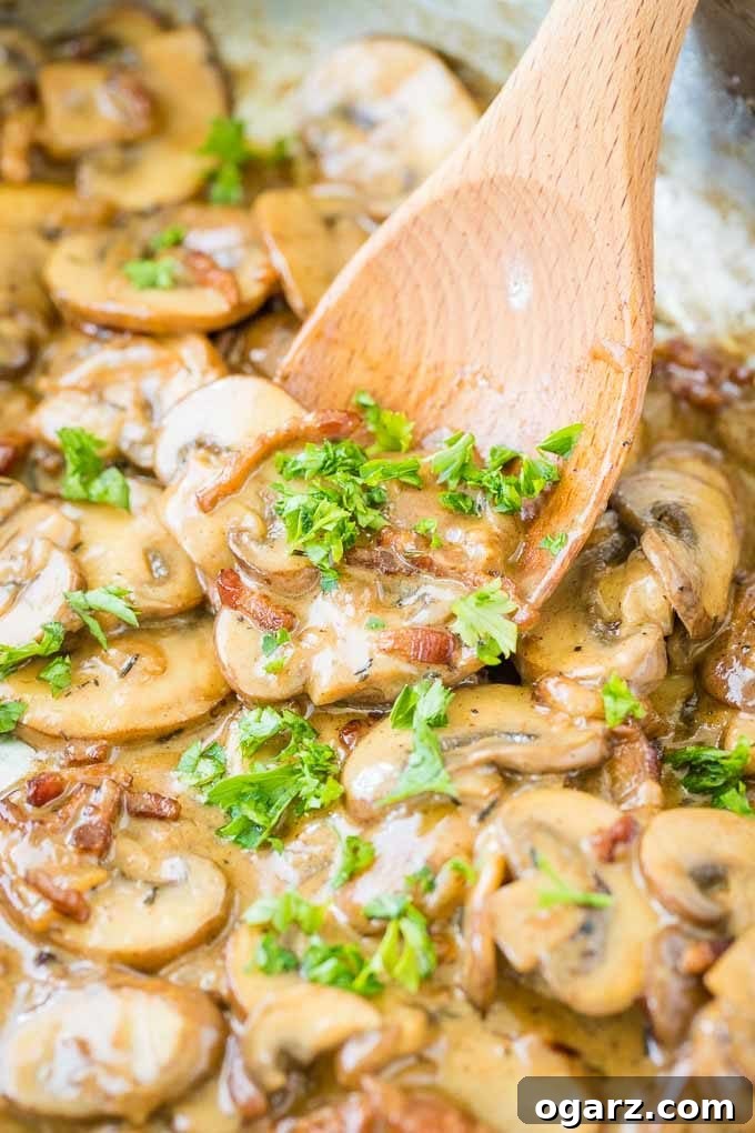 Forest Mushroom Schnitzel 5 Mushroom bacon gravy for Jaegerschnitzel with a wooden cooking spoon