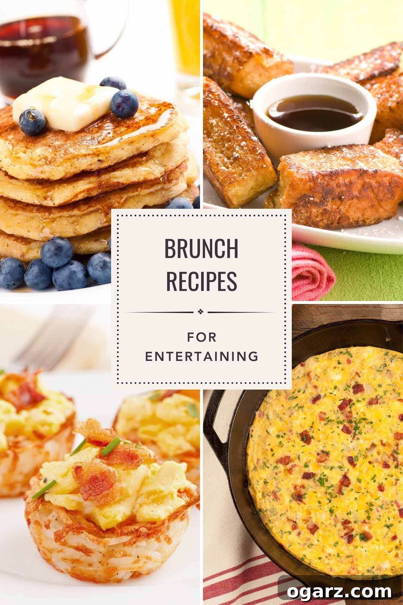 Four brunch recipe photos; cornmeal pancakes, Hawaiian French toast sticks, scrambled eggs in hash brown potato nests, and bacon and cheese frittata, showcasing a diverse and appealing brunch spread.