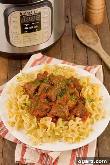 A platter of Hungarian beef goulash on a bed of wide egg noodles, with a wooden spoon and Instant Pot in the background.