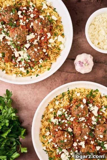 An overhead view of two bowls of Greek meatballs in tomato sauce served over orzo and topped with feta cheese and fresh parsley. A bunch of parsley, bulb of garlic, and bowl of extra feta surround them.