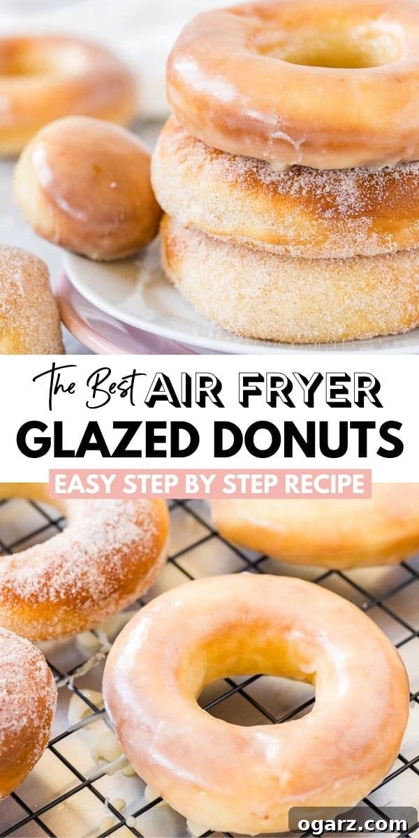 Air-Fried Donut Perfection 9 Air Fryer Donuts both glazed and sugared with text overlay: The Best Air Fryer Glazed Donuts - Easy step by step recipe