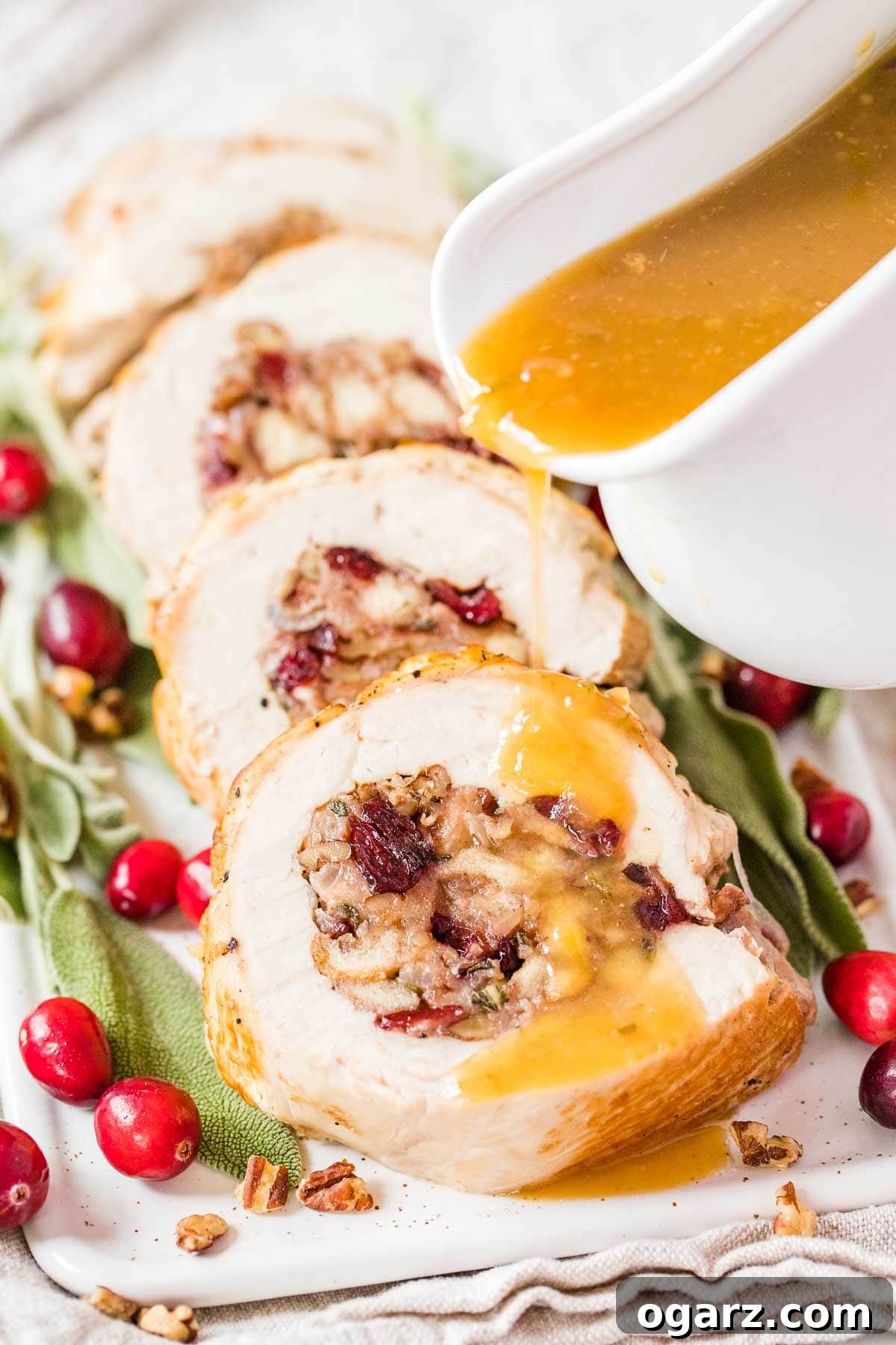Gourmet Stuffed Turkey Breast 2 Sliced stuffed turkey breast on a serving plate drizzled with gravy.