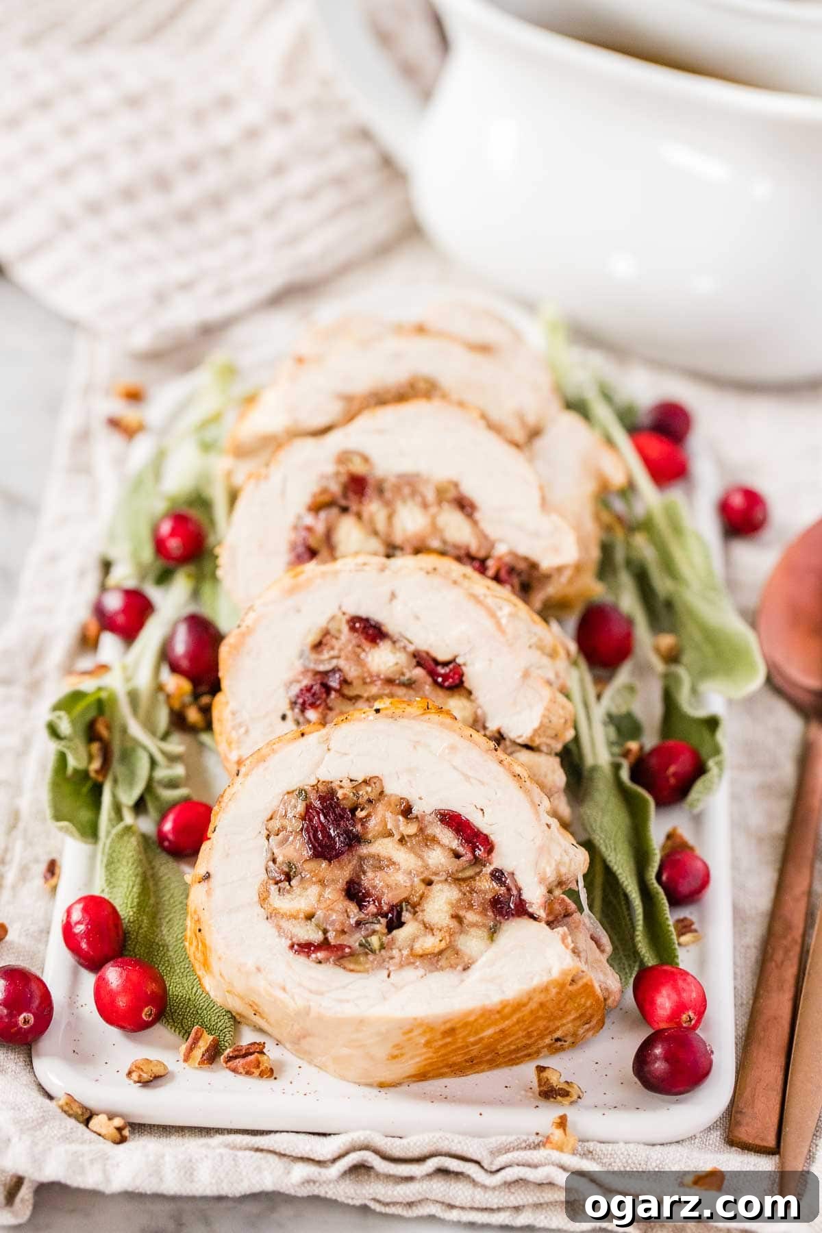 Gourmet Stuffed Turkey Breast 7 Sliced turkey breast, cranberries, and sage on a serving plate with a gravy boat in the background