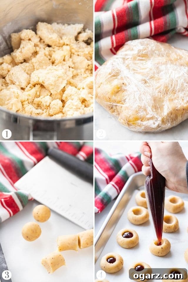 Jam Drop Delights 3 Step-by-step guide on how to make Thumbprint Cookies, showing dough preparation, rolling, indenting, and filling with jam.