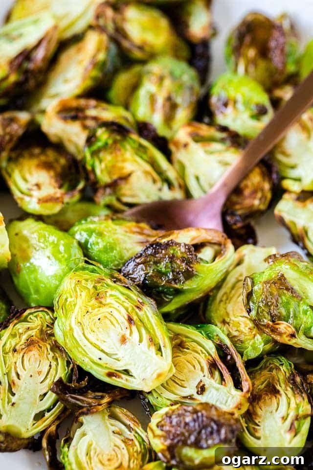 Golden Crispy Air Fryer Brussels Sprouts 2 Close up of perfectly roasted Air Fryer Brussels Sprouts with a spoon, highlighting their crispy texture and golden-brown edges.