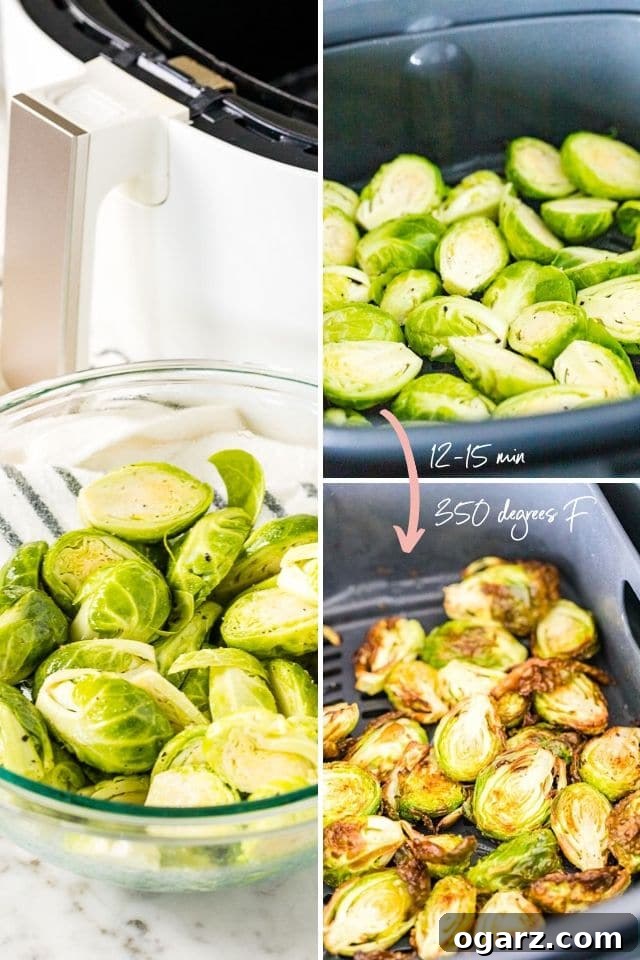 Golden Crispy Air Fryer Brussels Sprouts 3 A visual guide showing how to trim and cut Brussels Sprouts before cooking, essential for even air frying results.