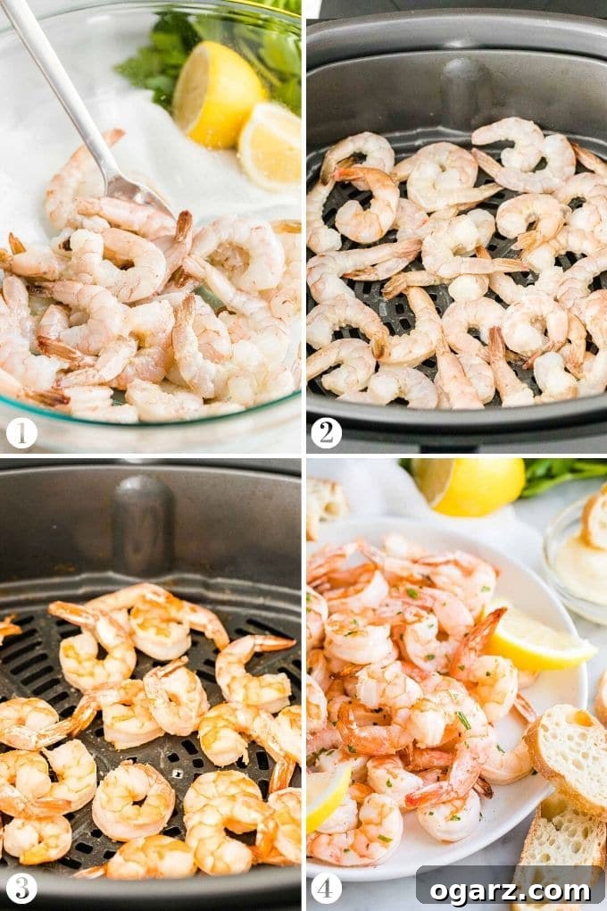 A collage showing the steps of how to season and air fry shrimp: tossing with oil and spices, placing in air fryer basket, and final cooked shrimp.
