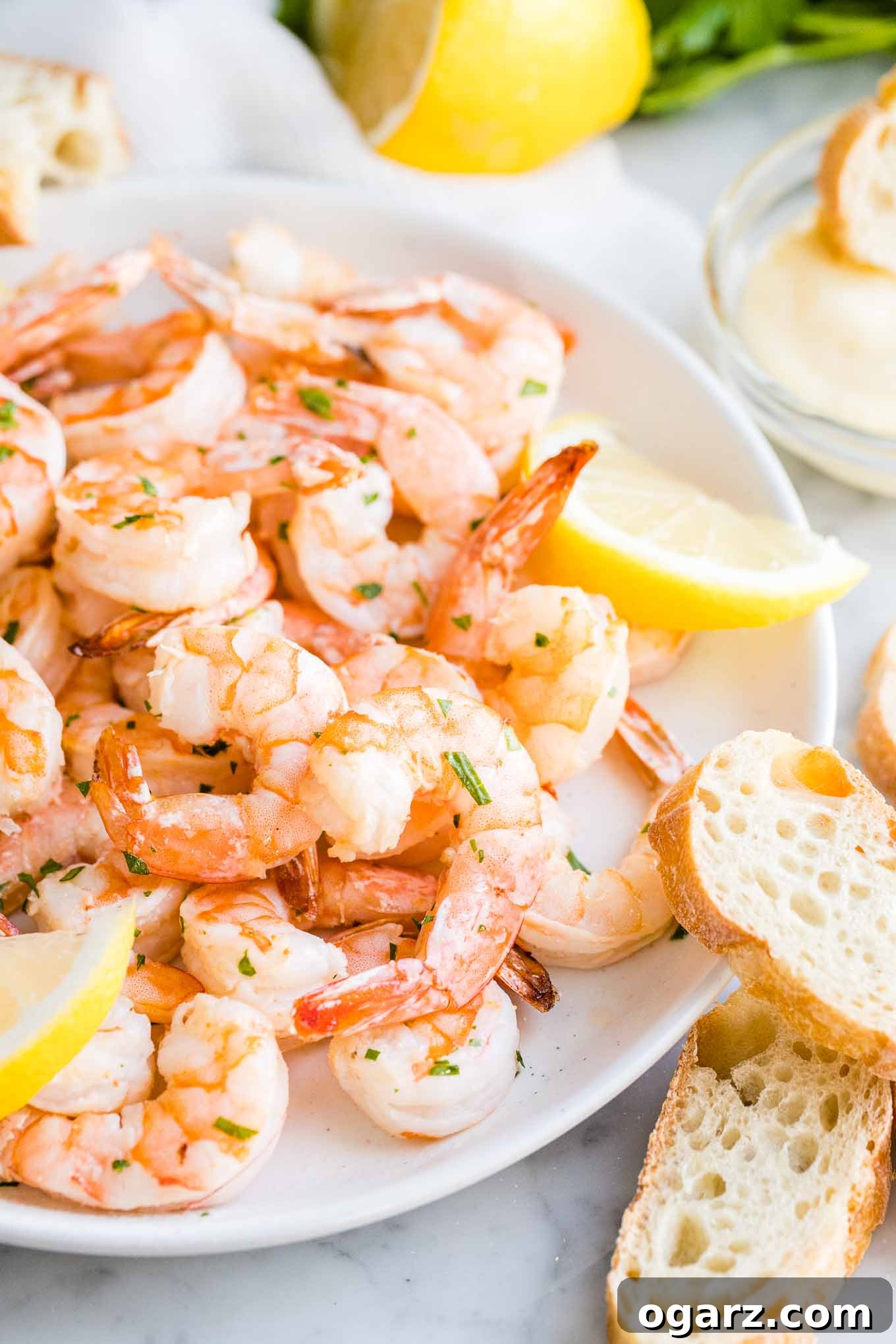Air Fryer Shrimp presented on a white plate with lemon slices and toasted rustic bread.