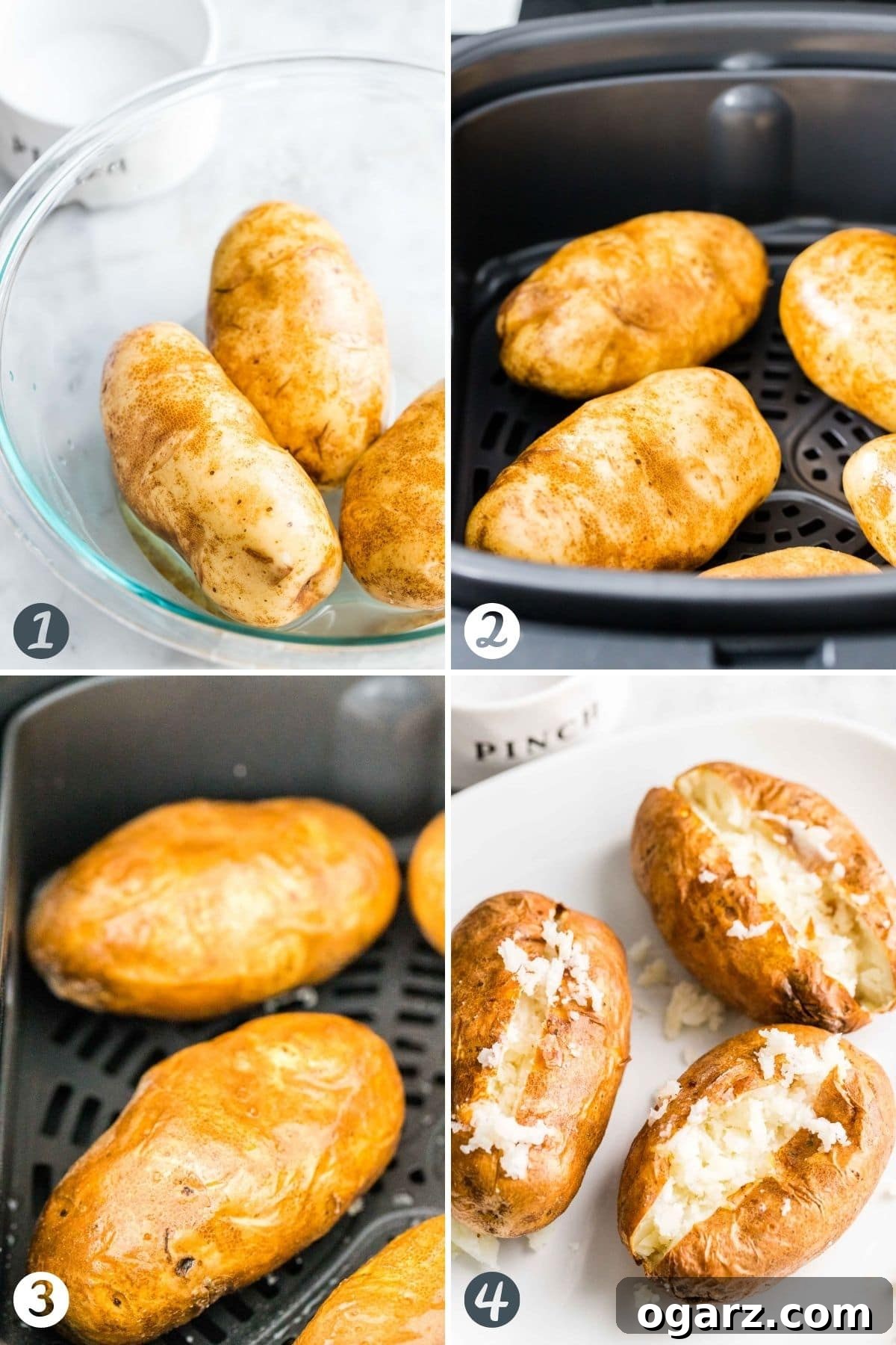 Step-by-step images showing how to prepare and cook baked potatoes in an Air Fryer.