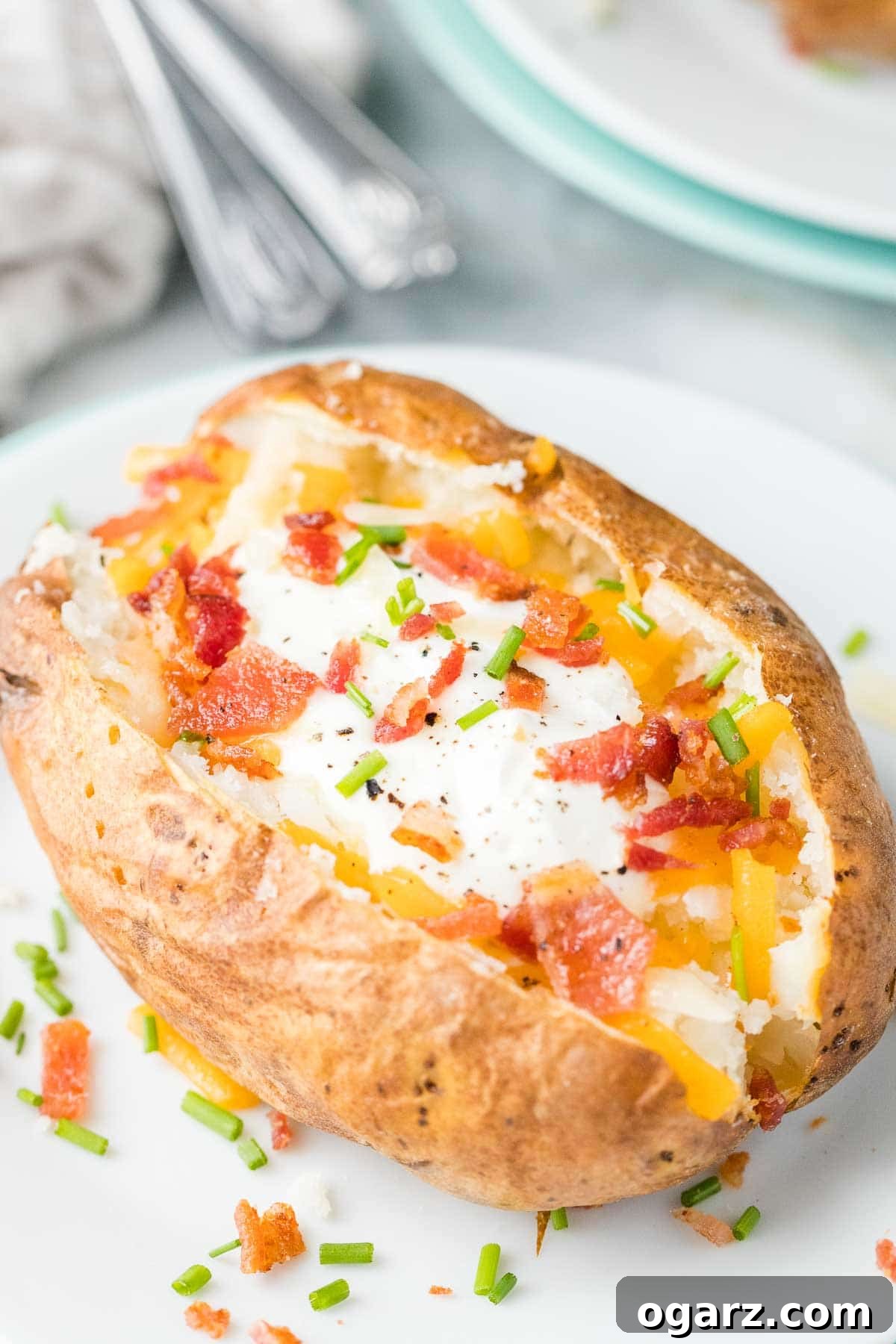 A close-up shot of a richly loaded baked potato with various toppings on a white plate.