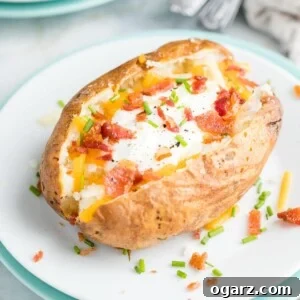 An air fried baked potato garnished with sour cream, bacon, and cheese on a white plate