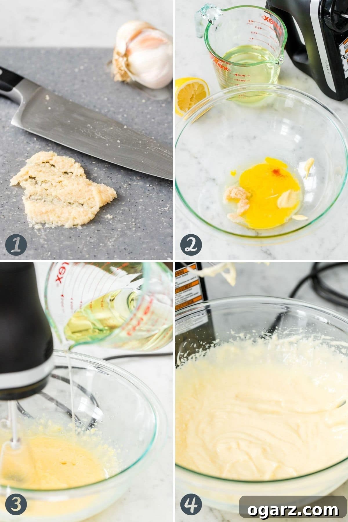 A visual guide showing the step-by-step process of preparing traditional Aioli sauce, from combining ingredients to the final creamy emulsion.