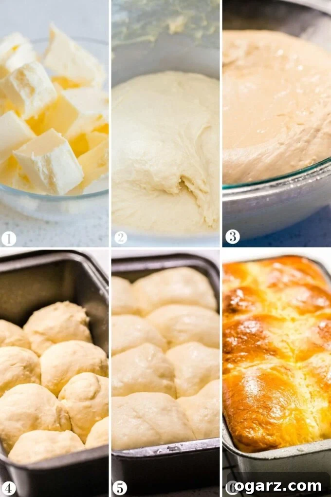 A visual collage showing the step-by-step process of making brioche bread, from dough to baked loaves.