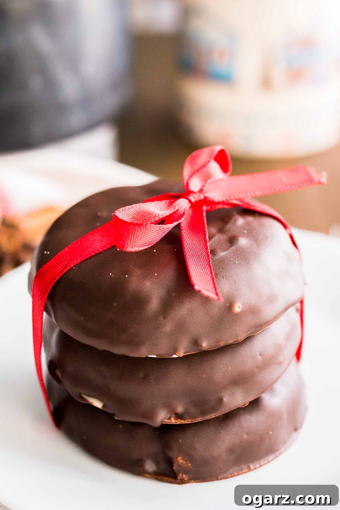Authentic German Lebkuchen 3 A beautifully arranged stack of three traditional chocolate-covered Lebkuchen, tied with a elegant red bow, resting on a pristine white plate.