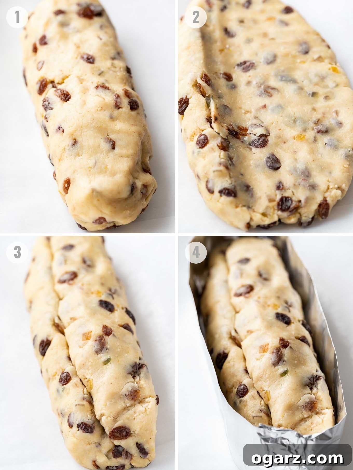 German Stollen is loaded with rum raisins, candied fruit, and nuts. This traditional German Christmas recipe is a very special treat that has a long history and is very popular during the Holidays. It needs a bit of time to develop its flavor but is totally worth the effort and tastes great with a cup of coffee! #GermanChristmasBaking #StollenRecipe A step-by-step collage demonstrating how to shape Stollen dough, from initial loaf to final fold.