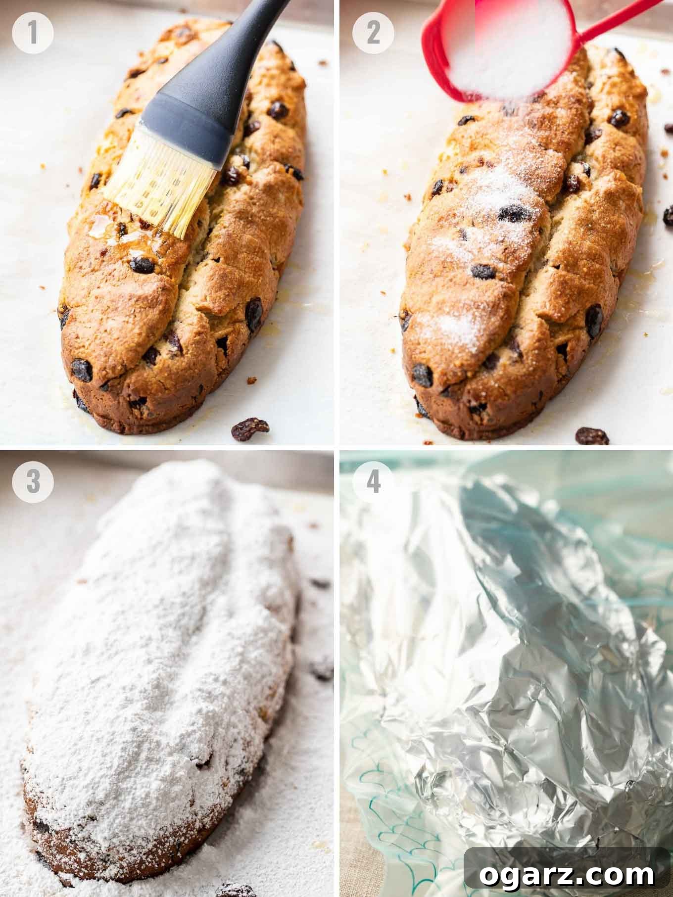 German Stollen is loaded with rum raisins, candied fruit, and nuts. This traditional German Christmas recipe is a very special treat that has a long history and is very popular during the Holidays. It needs a bit of time to develop its flavor but is totally worth the effort and tastes great with a cup of coffee! #GermanChristmasBaking #StollenRecipe A collage showing the final steps of preparing baked Stollen, including buttering, sugaring, and dusting with powdered sugar.