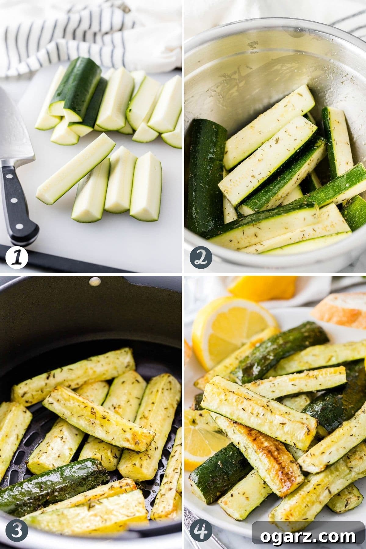 Visual steps for preparing Air Fryer Zucchini, showing cutting, seasoning, and air frying process.