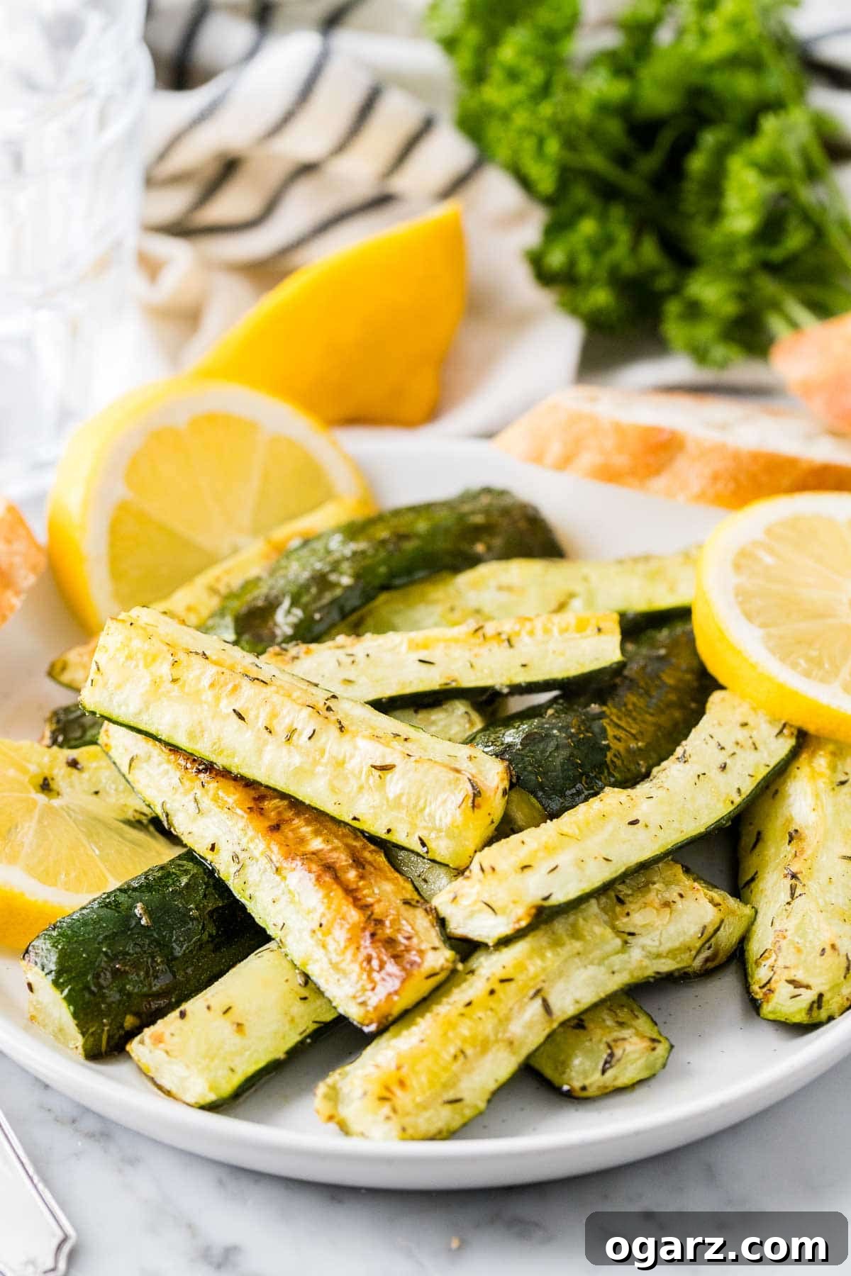 Plated Air Fried zucchini alongside bread and lemon slices, ready to be served.