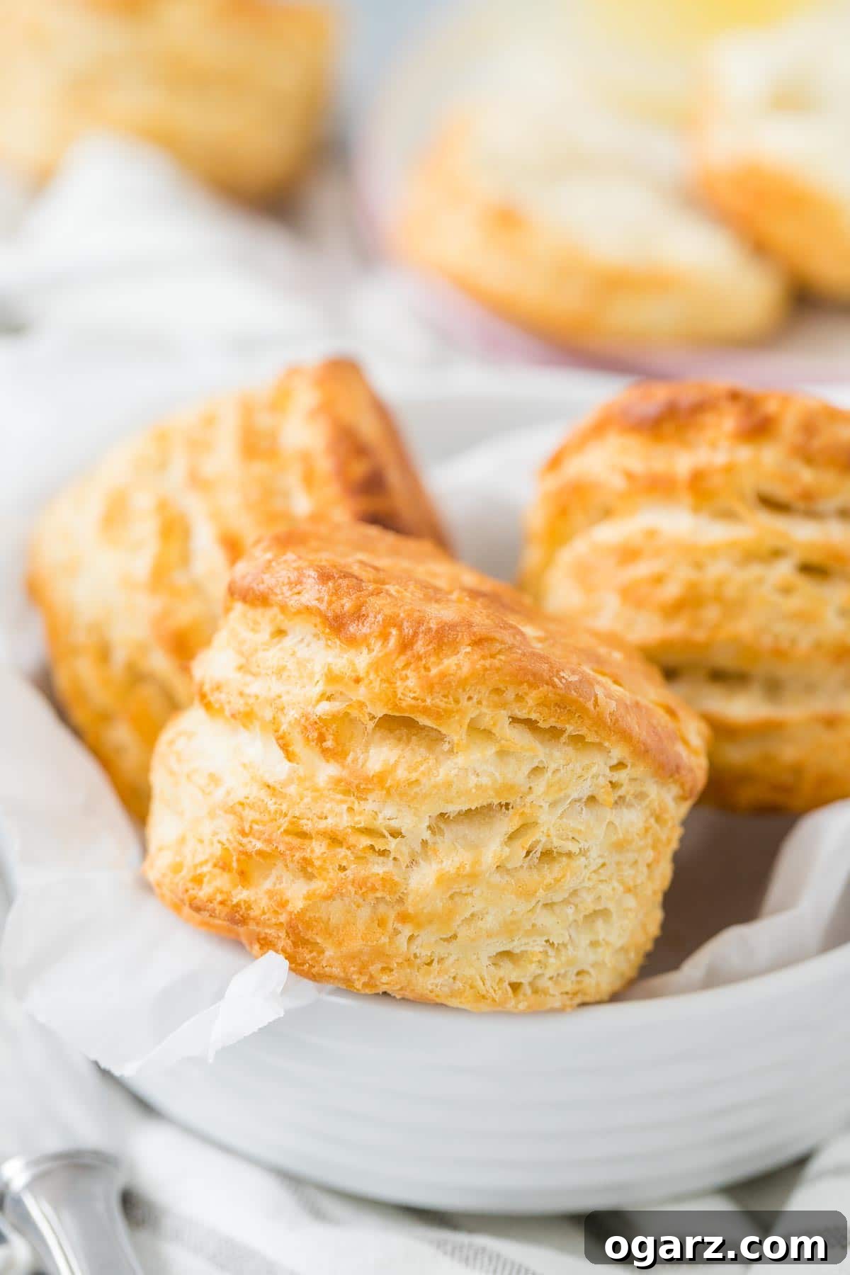 Golden Air Fryer Biscuits 2 Air fried biscuits, golden and fluffy, resting in a white bowl, ready to be enjoyed.