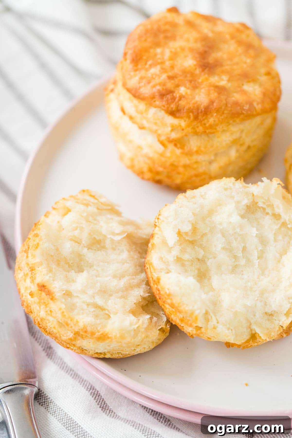 Golden Air Fryer Biscuits 8 Two halves of a perfectly baked, flaky biscuit served on a plate, revealing its tender interior.