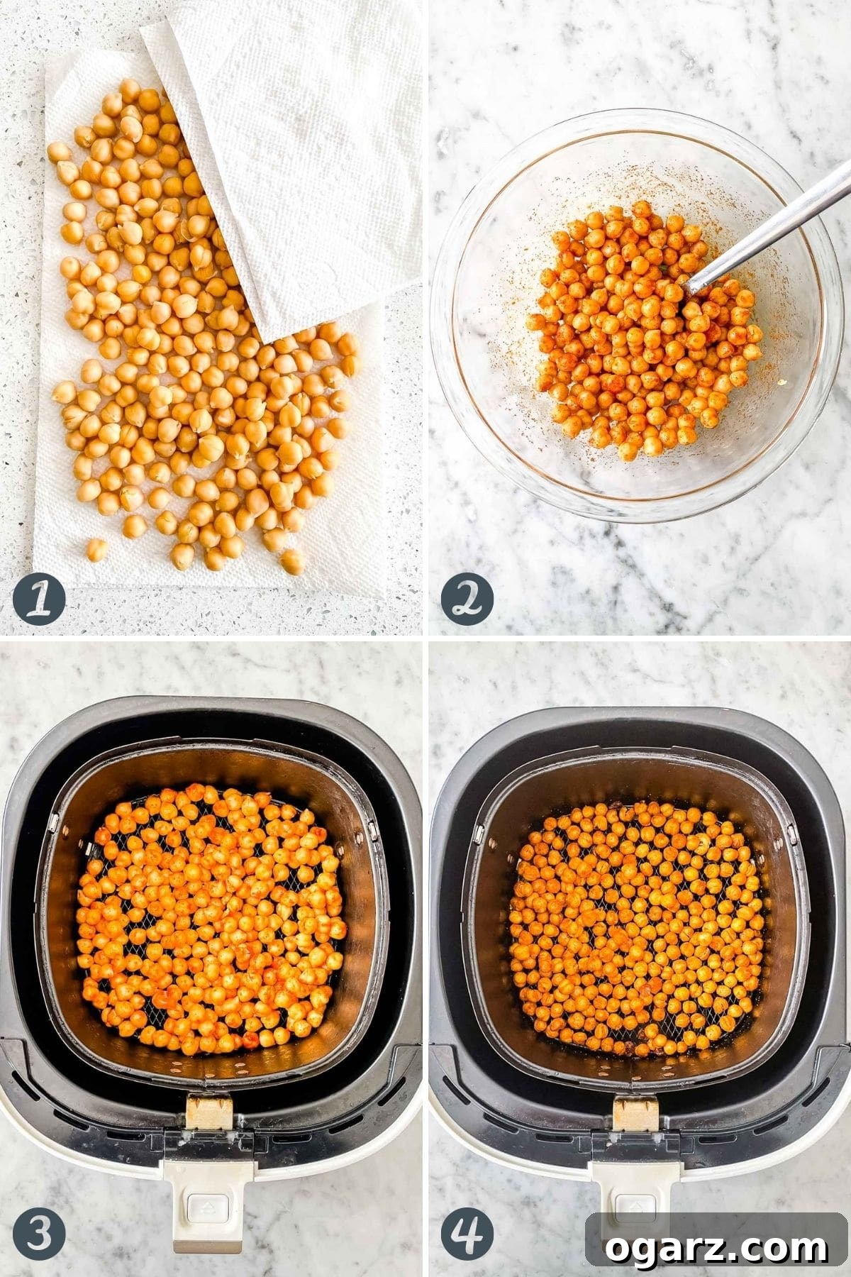 A series of three images showing the process of making air fryer chickpeas: rinsing and drying, seasoning in a bowl, and cooking in the air fryer basket.