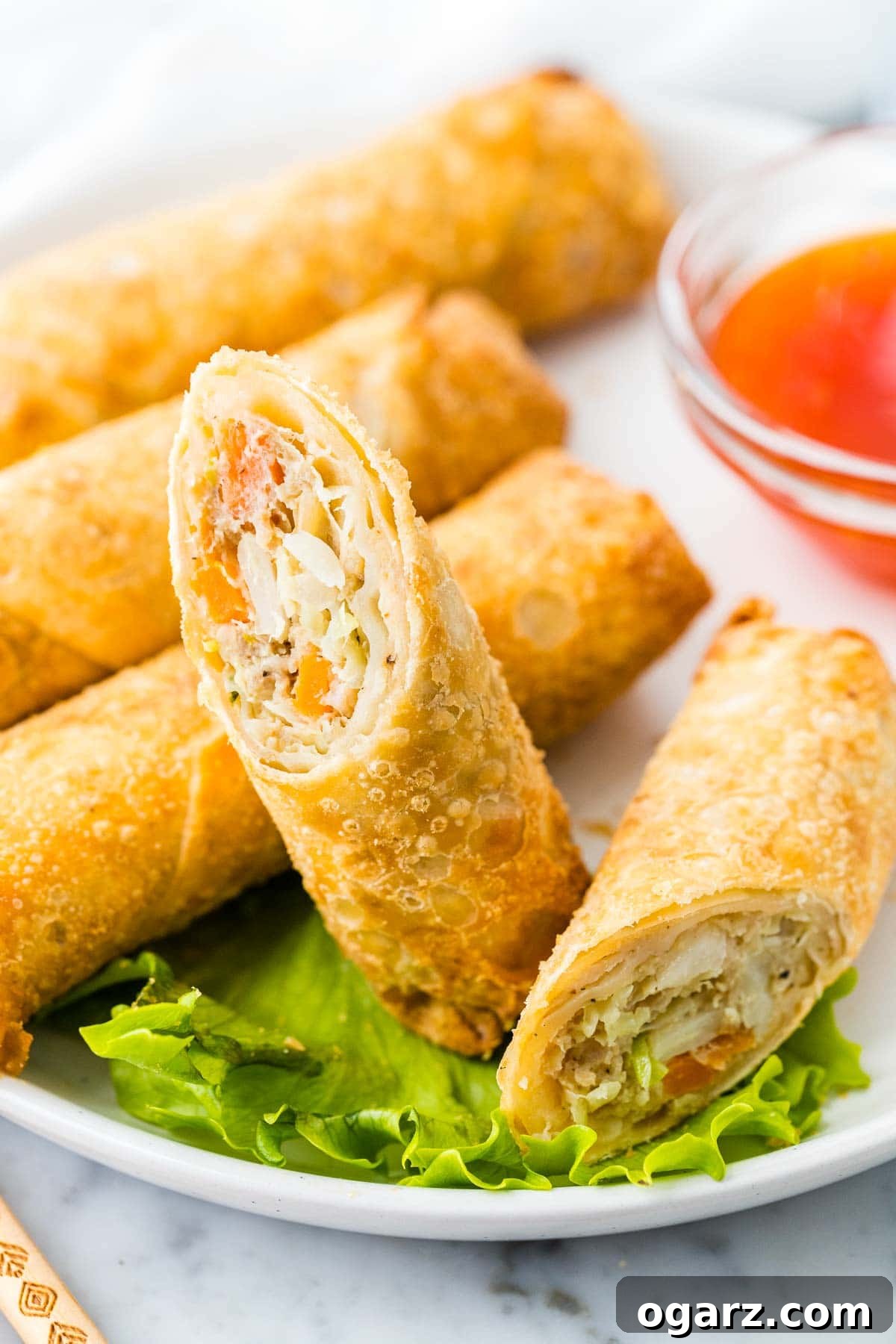 Crispy Air Fryer Egg Rolls 4 An air-fried egg roll, perfectly cut into two halves, showcasing its crispy exterior and flavorful filling on a white plate.