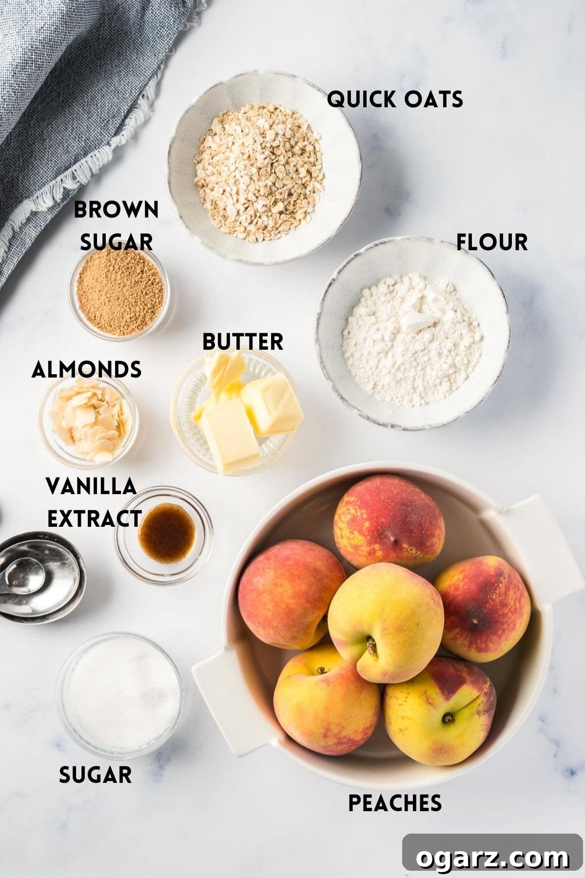 Golden Air Fryer Peach Delight 3 Ingredients needed for Air Fryer Peach Crisp laid out on a table