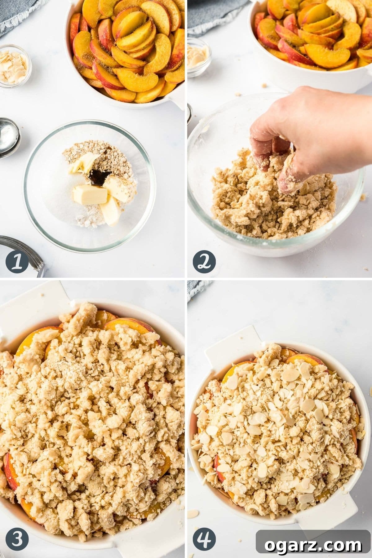 Golden Air Fryer Peach Delight 4 Four images showing the steps for making an Air Fryer Peach Crisp: ingredients, mixing topping, assembling, and cooking