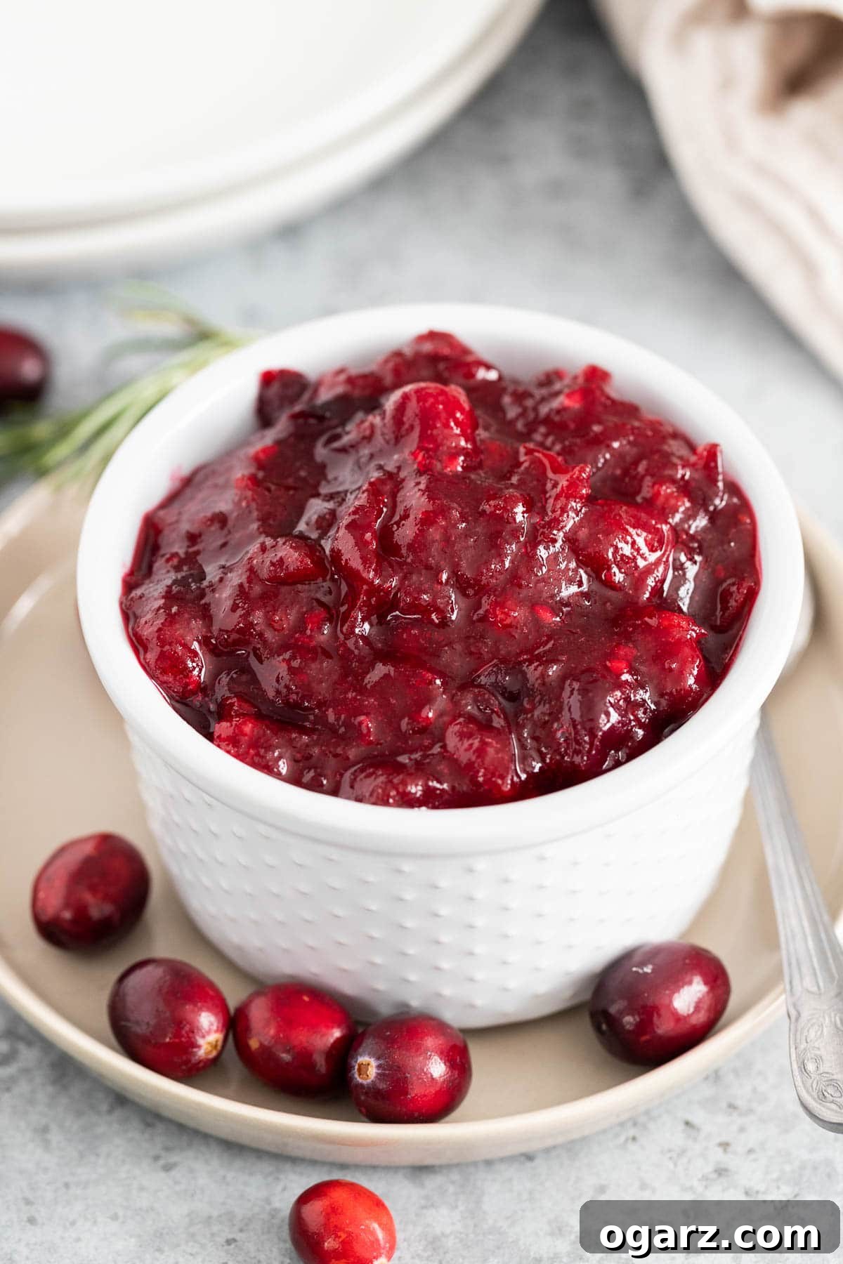 A close up of cranberry sauce in a small bowl garnished with whole cranberries and a spoon next to it, showcasing its rich color and texture.