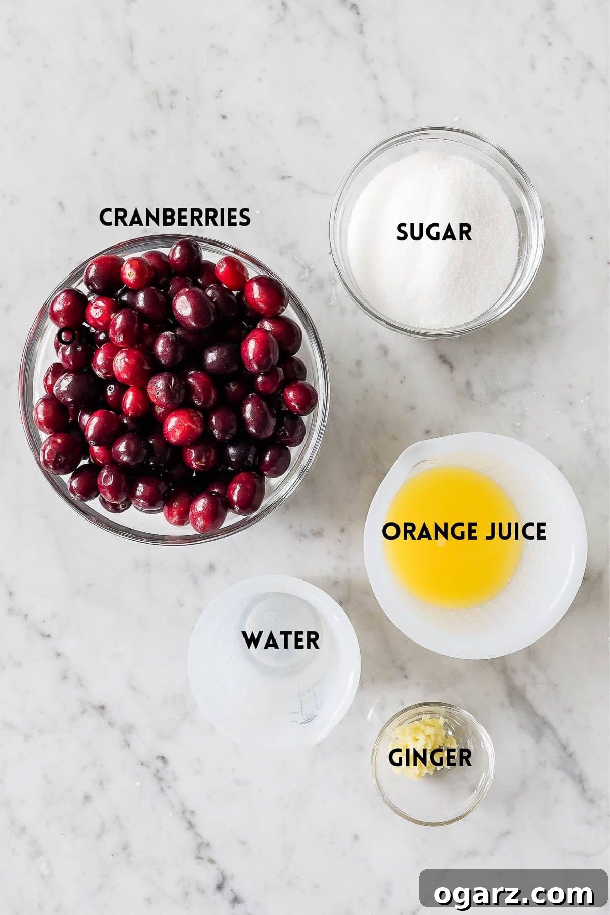 Ingredients needed for cranberry sauce in small bowls on a marble surface, neatly arranged and ready for preparation.