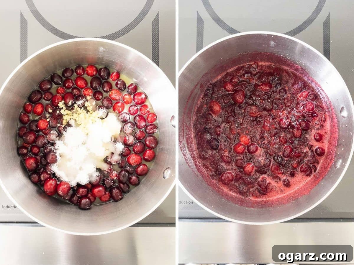 Two pictures side by side, the first shows the raw ingredients in a saucepan before cooking, the second after cooking, with cranberries burst and sauce thickened.