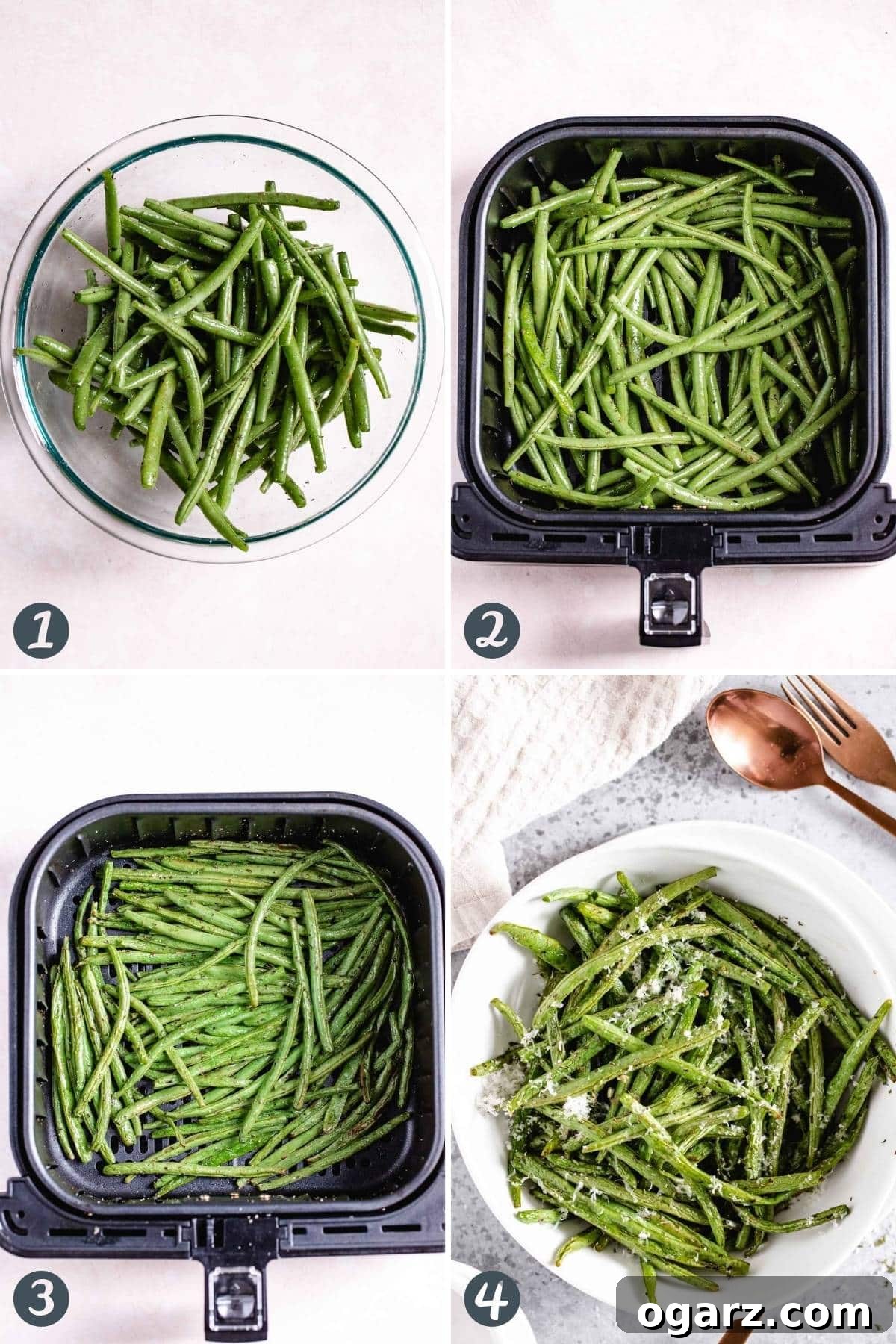 Crispy Air Fryer Green Beans 4 A collage of four step-by-step images demonstrating the preparation of green beans for the air fryer: trimming, seasoning in a bowl, placing in the air fryer basket, and the final cooked result.